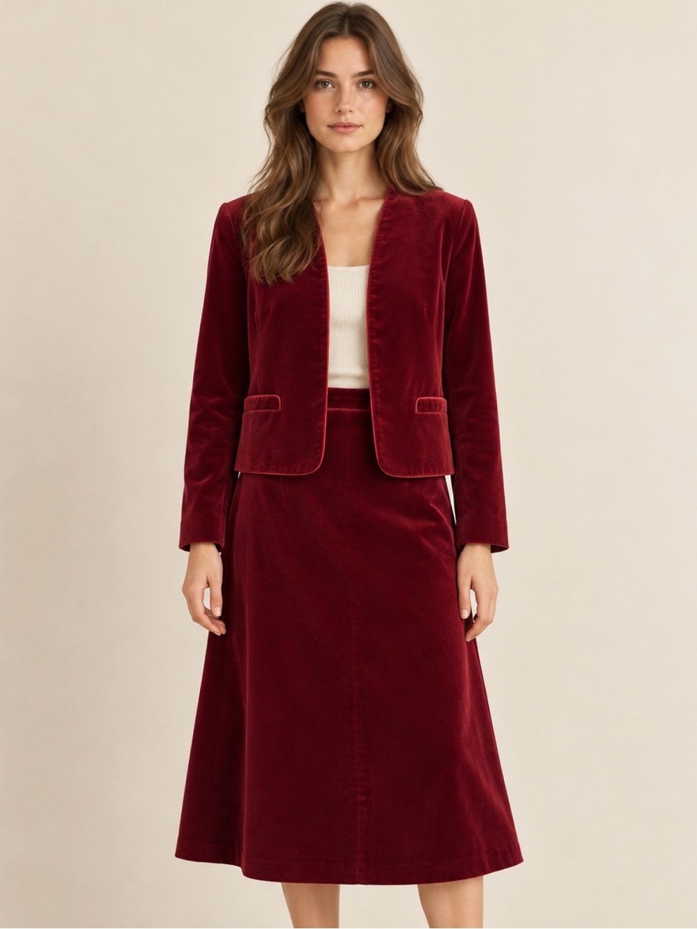 Vintage 70s 80s Eastex Burgundy Velvet Skirt Suit Set Made in England
